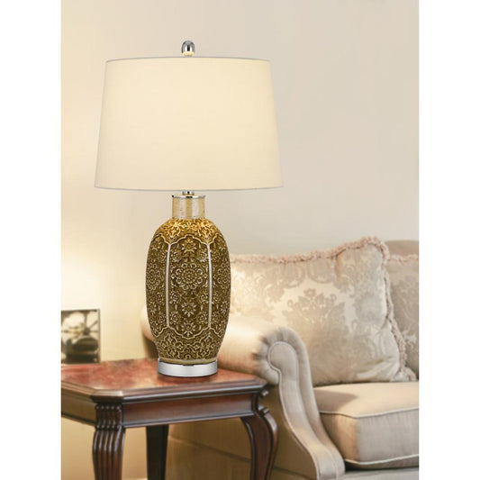 150W 3 Way Olive Ceramic Table Lamp With Hardback Taper Fabric Drum Shade, Cinnamon By Cal Lighting | Table Lamps | Moidshstore