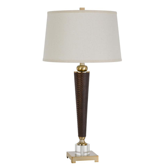 150W 3 Way Sebree Resin/Leathrette Table Lamp With Crystal Font And Metal Base. Hardback Taper Fabric Drum Shade, Leathrette By Cal Lighting | Table Lamps | Moidshstore
