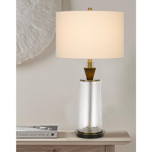 150W 3 Way Sherwood Glass Table Lamp With Wood Font And Hardback Fabric Drum Shade, Glass/Dark Bronze By Cal Lighting | Table Lamps | Moidshstore