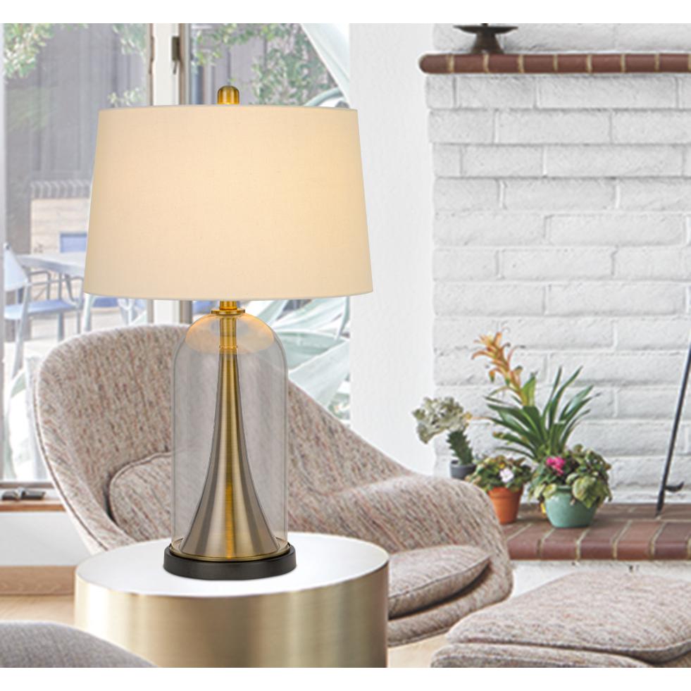 150W 3 Way Camargo Glass/Metal Table Lamp With Hardback Taper Drum Fabric Shade, Glass/Antique Brass By Cal Lighting | Table Lamps | Moidshstore