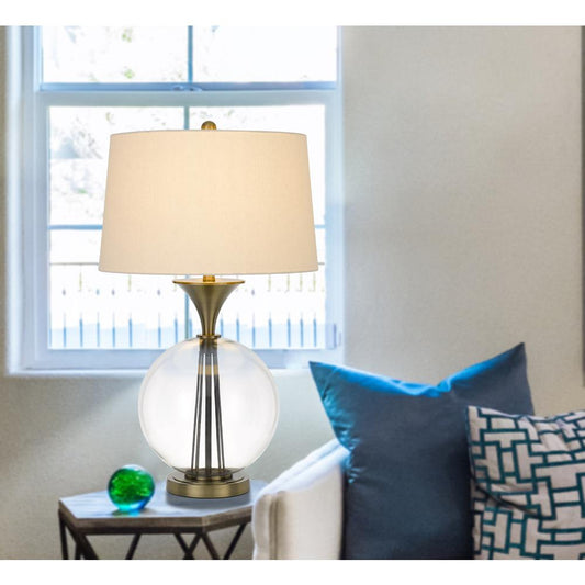 150W 3 Way Moxee Glass/Metal Table Lamp With Hardback Taper Drum Fabric Shade, Glass/Antique Brass By Cal Lighting | Table Lamps | Moidshstore