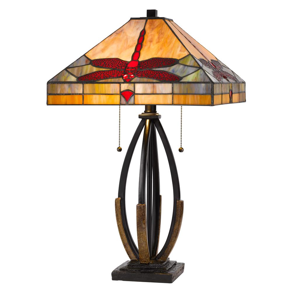 60W X 2 Tiffany Table Lamp With Pull Chain Switch And Metal And Resin Lamp Body By Cal Lighting | Table Lamps | Moidshstore