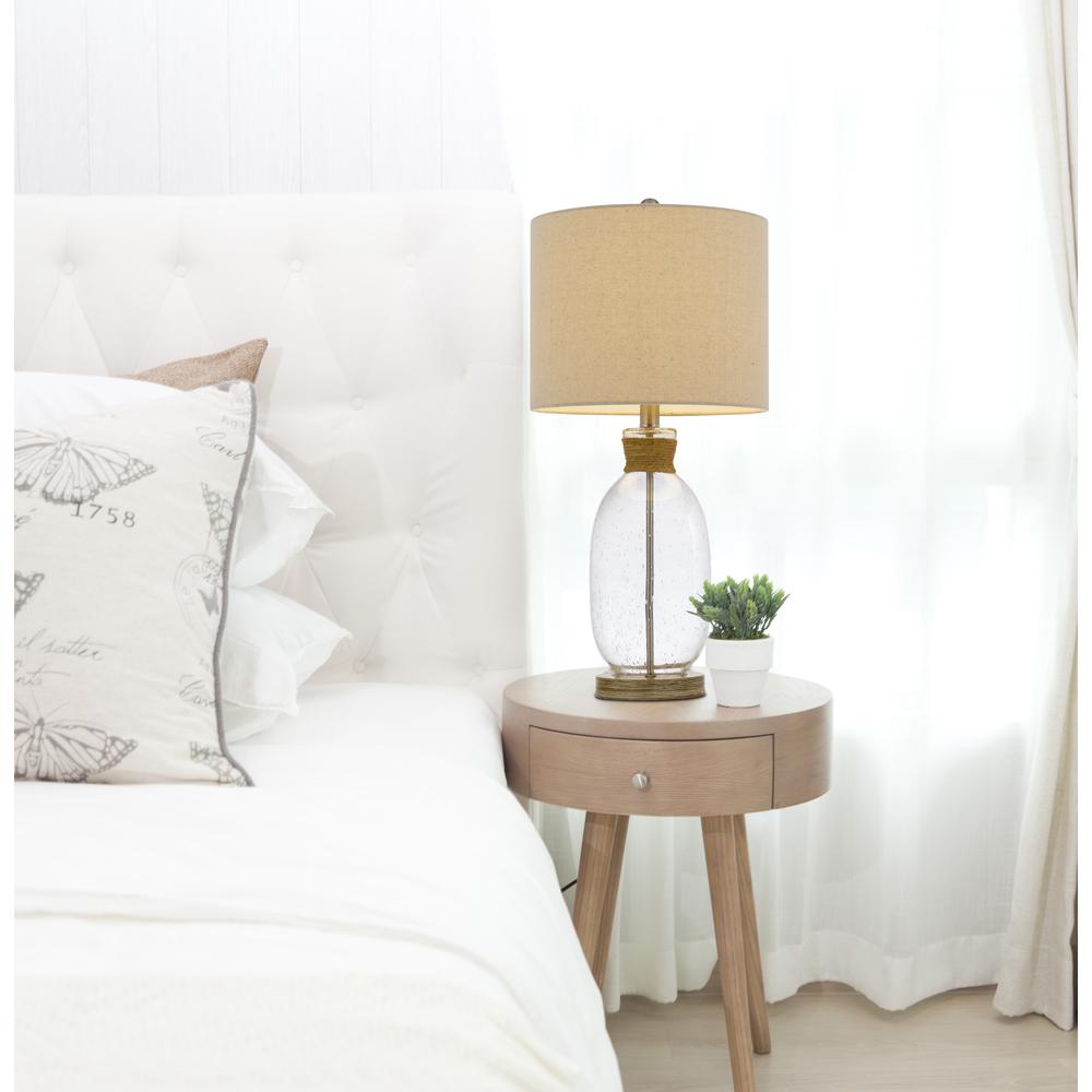 150W 3 Way Seymour Bubbled Glass Table Lamp With Resin Base And Hardback Drum Linen Shade By Cal Lighting | Table Lamps | Moidshstore - 3