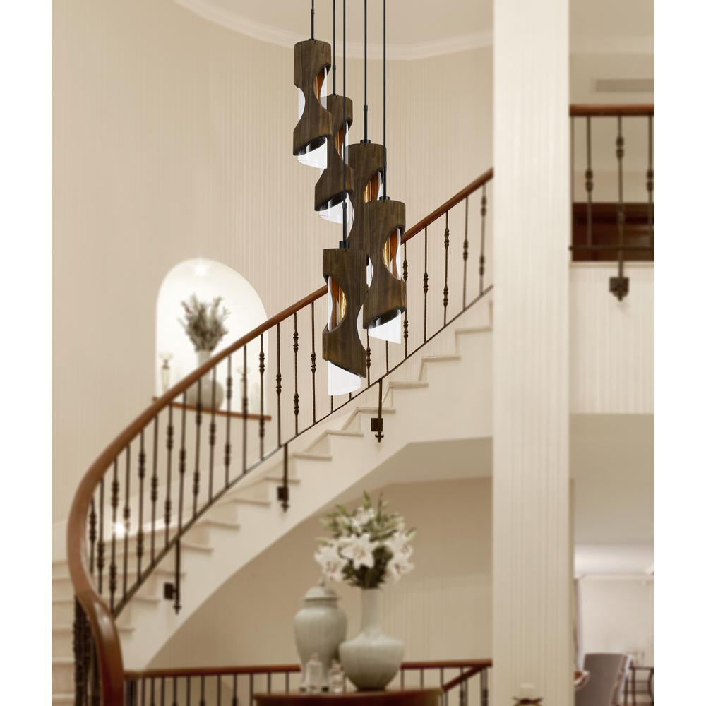 60W X 5 Zamora 5 Light Wood Pendant With Clear Glass Shade (Edison Bulbs Not Included) By Cal Lighting | Pendant Lamps | Moidshstore