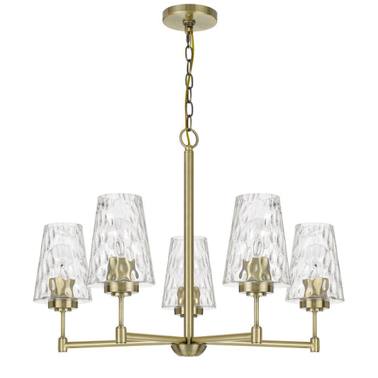 60W X 5 Crestwood Metal Chandelier With Textured Glass Shades, Antique Brass By Cal Lighting | Chandeliers | Moidshstore