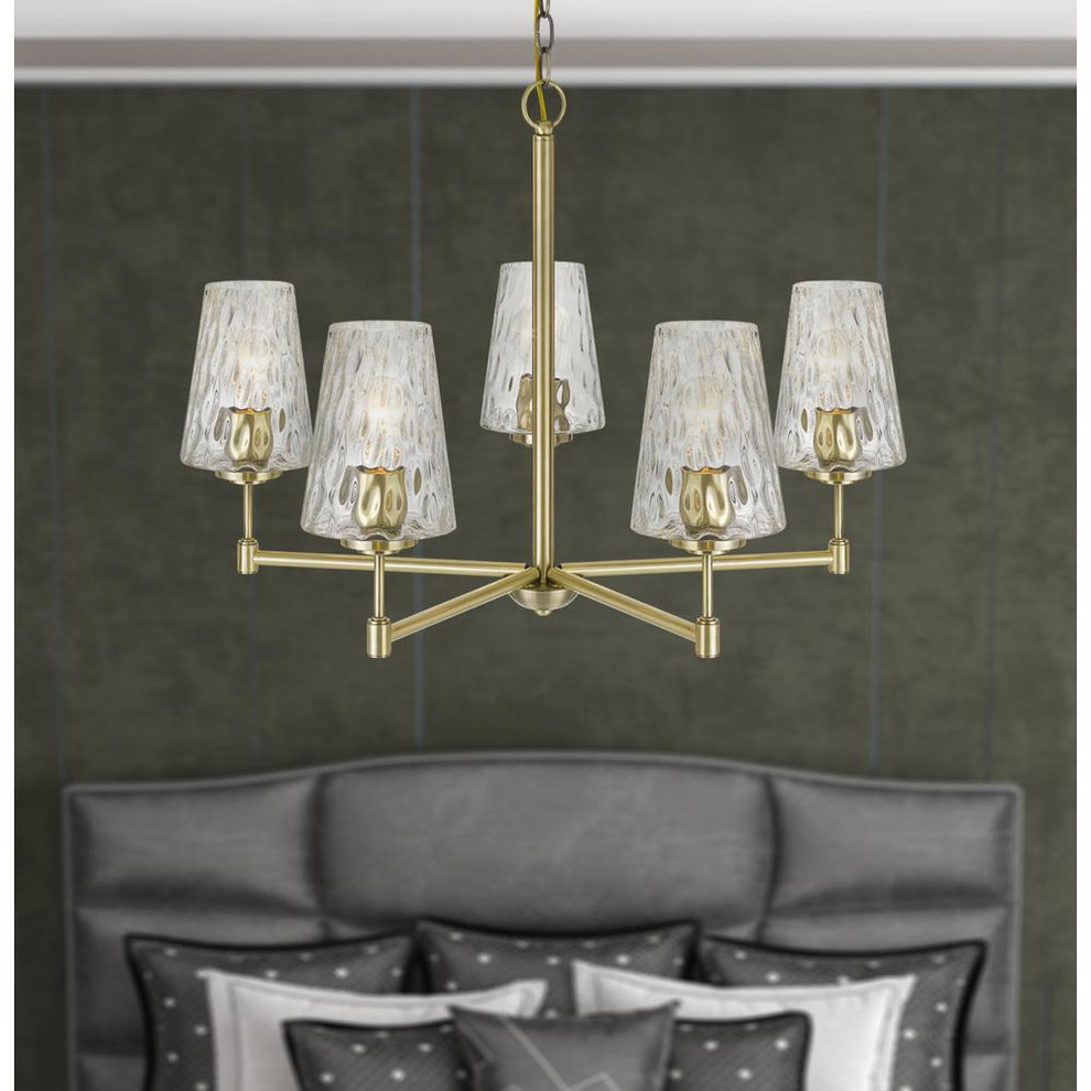 60W X 5 Crestwood Metal Chandelier With Textured Glass Shades, Antique Brass By Cal Lighting | Chandeliers | Moidshstore - 2