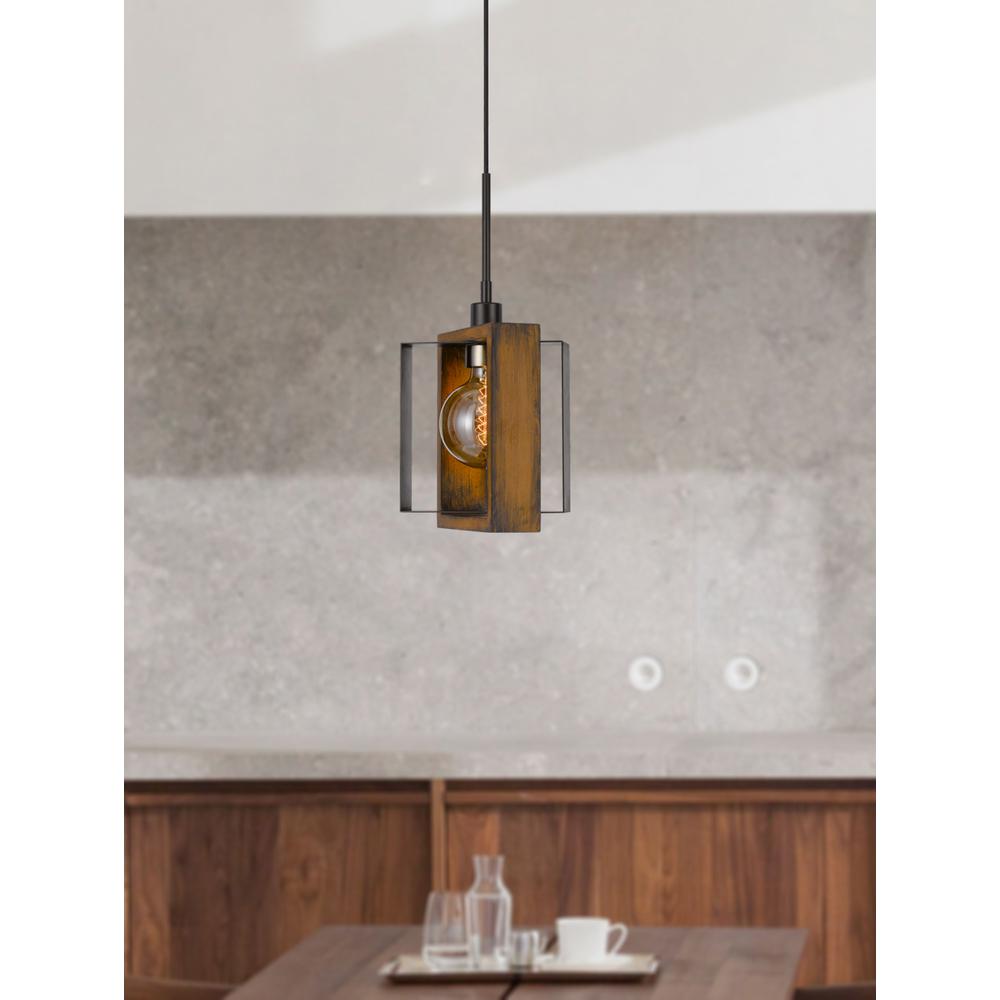 60W Agrigento Pine Wood/Metal Mini Pendant Fixture (Edison Bulb Included), Wood/Black By Cal Lighting | Pendant Lamps | Moidshstore
