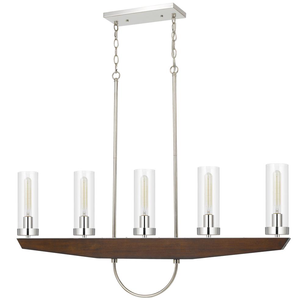 60W X 5 Ercolano Pine Wood/Metal Island Chandelier With Clear Glass Shade (Edison Bulbs Not Included), Wood/Brushed Steel By Cal Lighting | Chandeliers | Moidshstore - 3