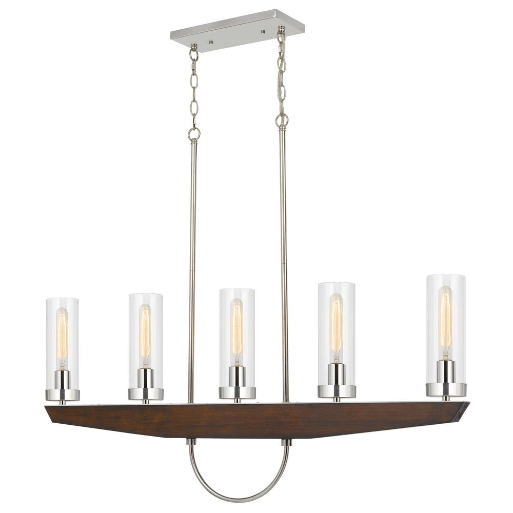 60W X 5 Ercolano Pine Wood/Metal Island Chandelier With Clear Glass Shade (Edison Bulbs Not Included), Wood/Brushed Steel By Cal Lighting | Chandeliers | Moidshstore - 2