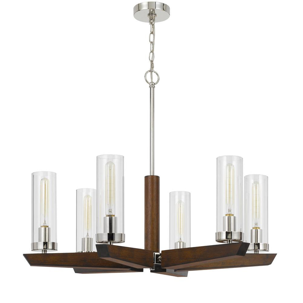 60W X 6 Ercolano Pine Wood/Metal Chandelier With Clear Glass Shade (Edison Bulbs Not Included), Wood/Brushed Steel By Cal Lighting | Chandeliers | Moidshstore - 3