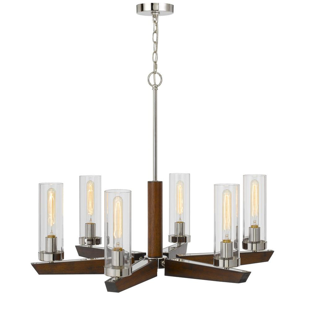 60W X 6 Ercolano Pine Wood/Metal Chandelier With Clear Glass Shade (Edison Bulbs Not Included), Wood/Brushed Steel By Cal Lighting | Chandeliers | Moidshstore - 2