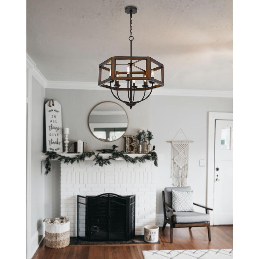60W X 6 Renton Hexagon Rubber Wood / Metal Chandelier By Cal Lighting | Chandeliers | Moidshstore - 2