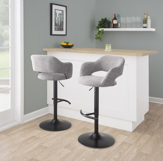 Margarite Contemporary Adjustable Height Barstool with Swivel in Black Metal and Grey Fabric with Rounded 'T' Footrest By LumiSource - Set of 2 | Bar Stools | Modishstore