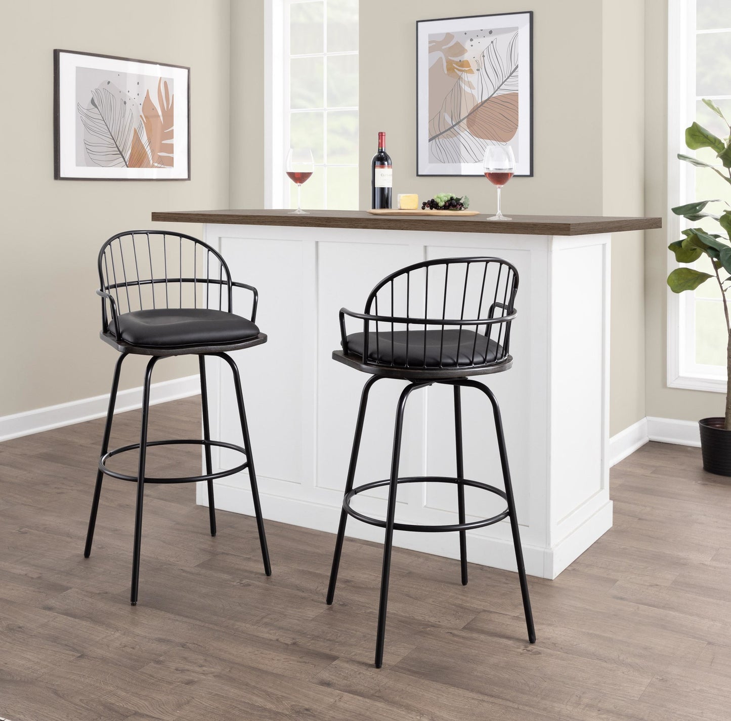 Riley Claire 30" Fixed-Height Barstool with Arms - Set of 2 Walnut Black By LumiSource | Bar Stools | Modishstore - 2