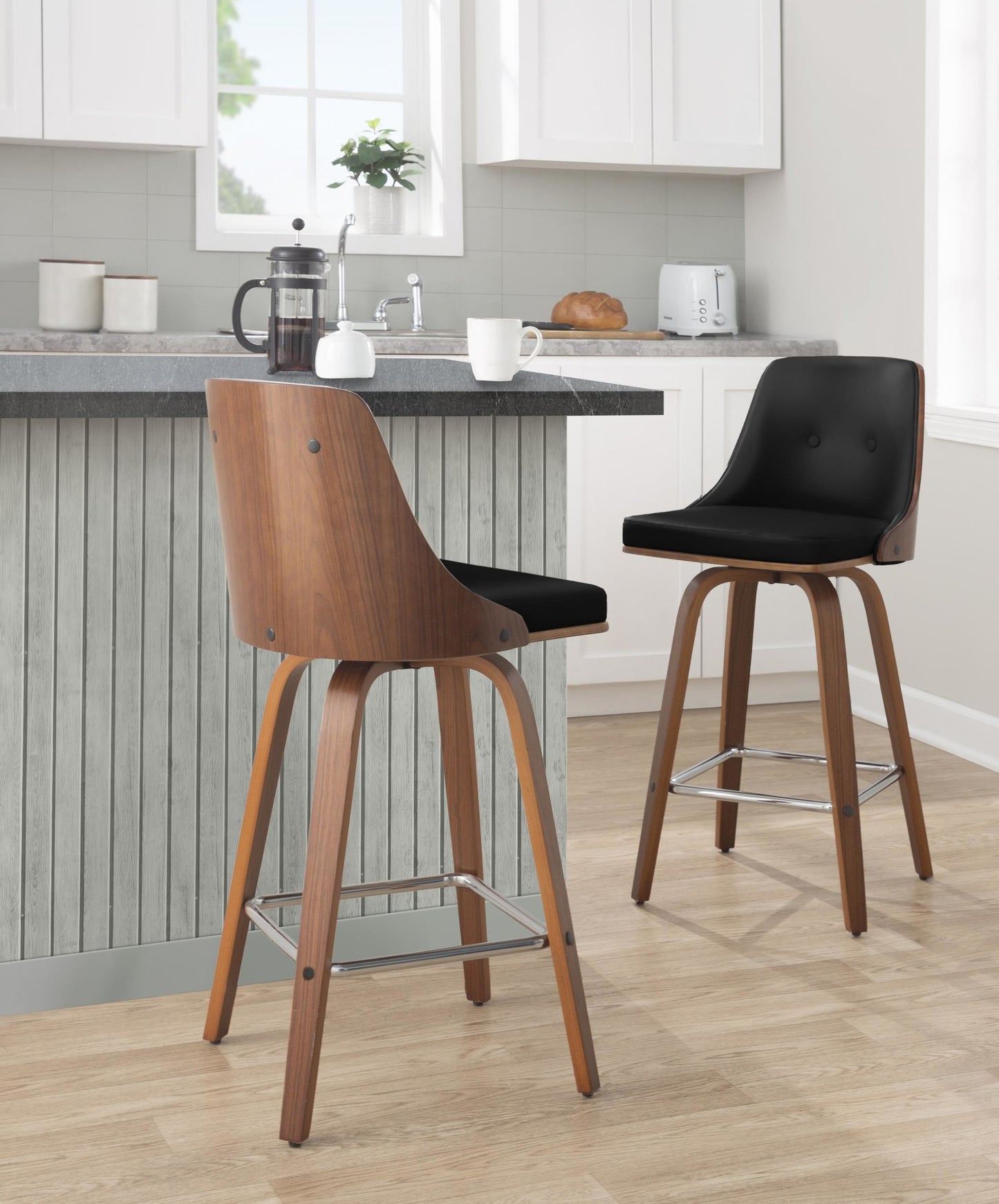 Gianna Mid-Century Modern Fixed-Height Counter Stool with Swivel in Walnut Wood and Light Black Faux Leather with Square Chrome Metal Footrest By LumiSource - Set of 2 | Counter Stools | Modishstore