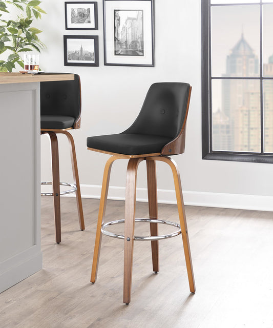 Gianna Mid-Century Modern Fixed-Height Barstool with Swivel in Walnut Wood and Black Faux Leather with Round Chrome Metal Footrest By LumiSource - Set of 2 | Bar Stools | Modishstore