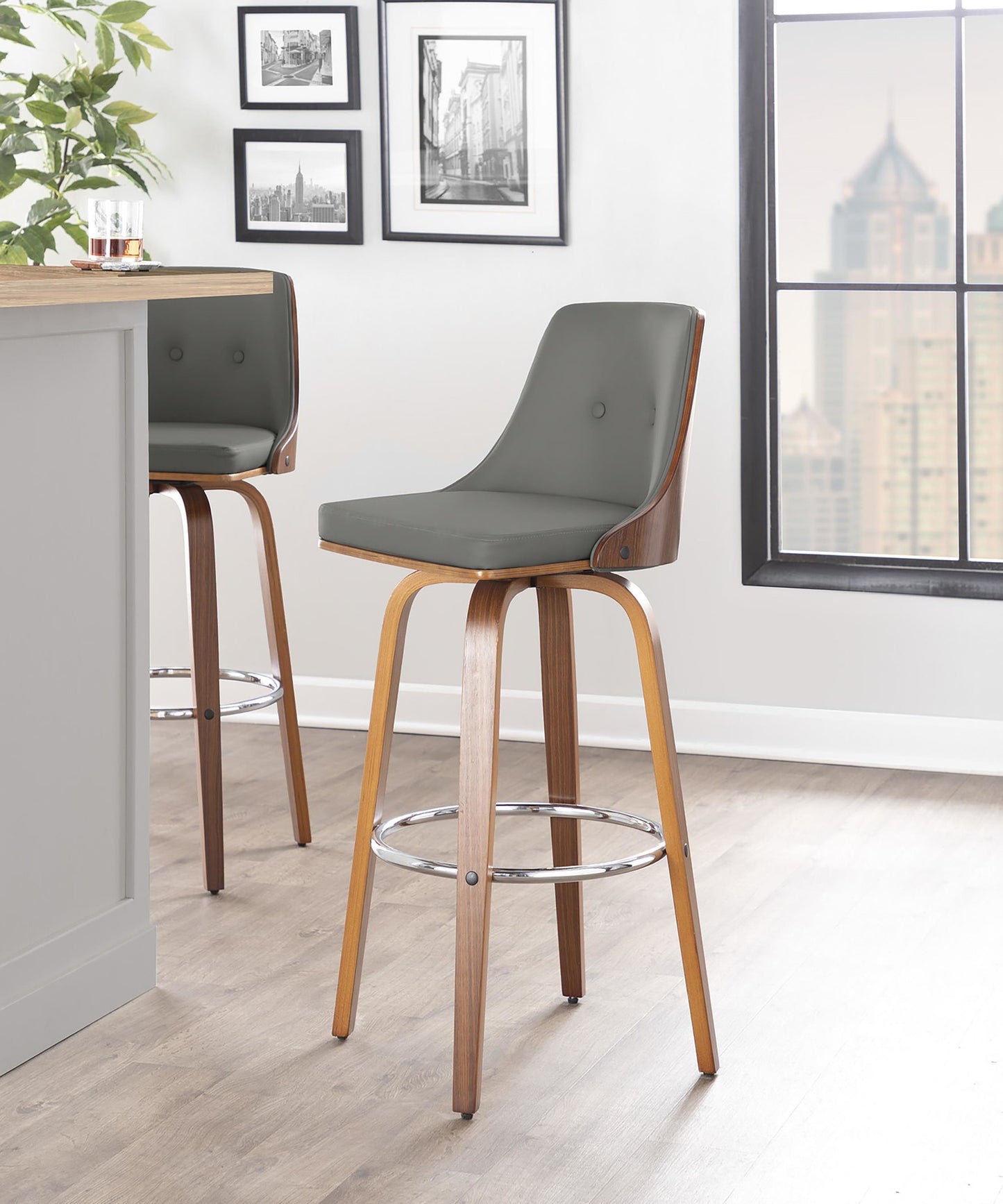 Gianna Mid-Century Modern Fixed-Height Barstool with Swivel in Walnut Wood and Black Faux Leather with Round Chrome Metal Footrest By LumiSource - Set of 2 | Bar Stools | Modishstore - 23