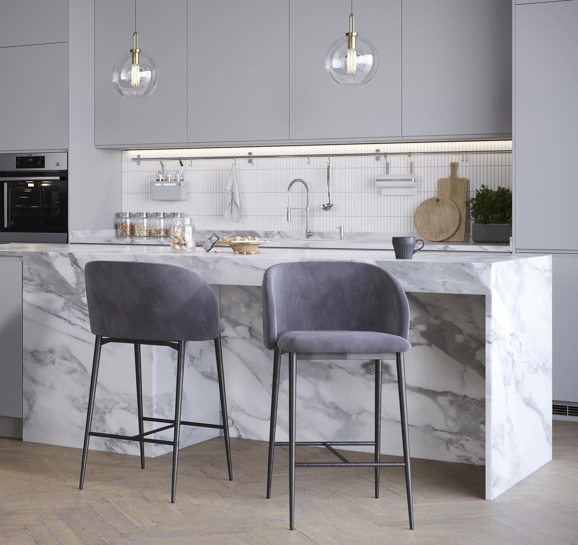 Fran 26" Contemporary Fixed-Height Counter Stool in Black Metal and Black Velvet By LumiSource - Set of 2 | Counter Stools | Modishstore - 32