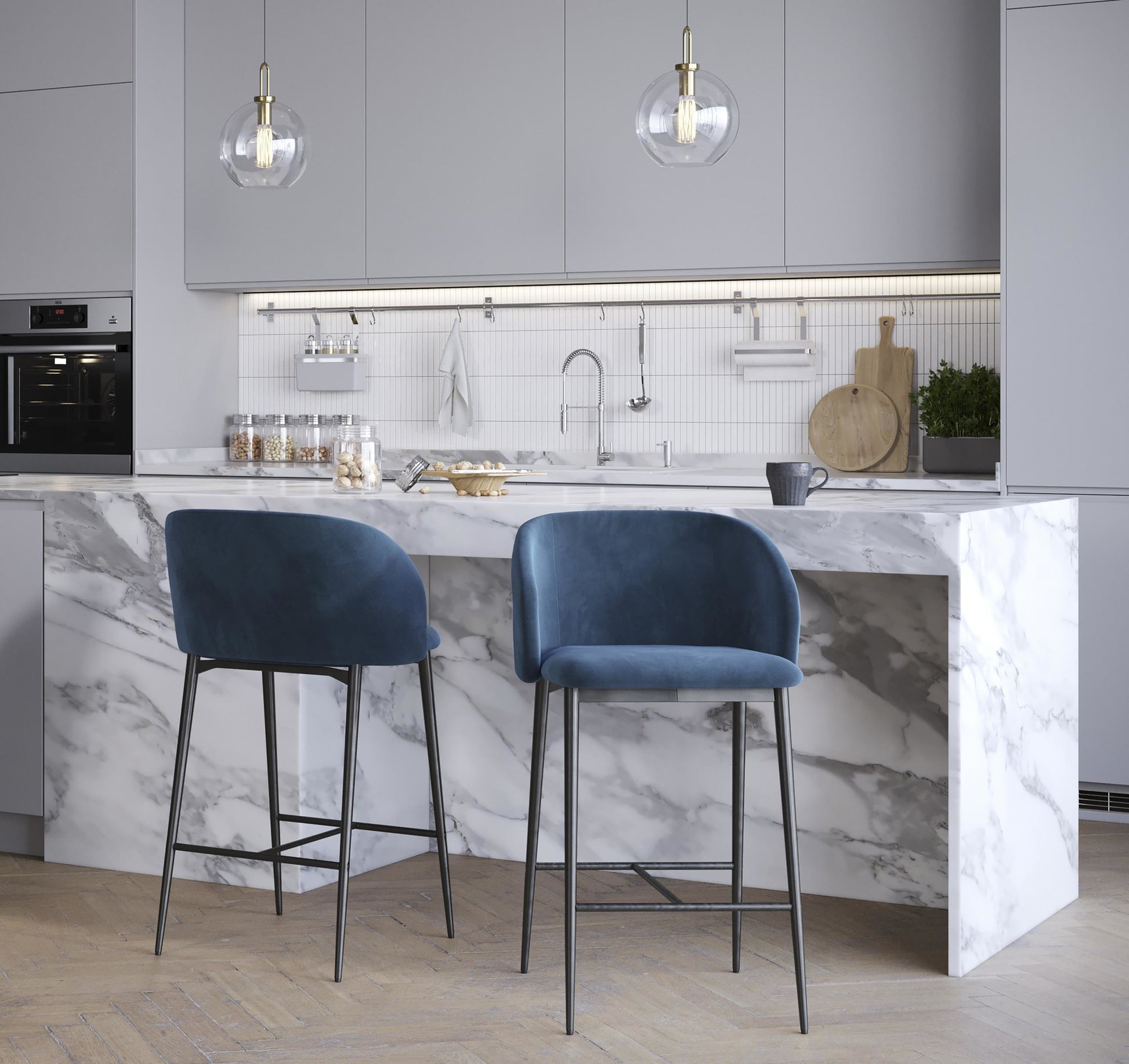 Fran 26" Contemporary Fixed-Height Counter Stool in Black Metal and Black Velvet By LumiSource - Set of 2 | Counter Stools | Modishstore - 14