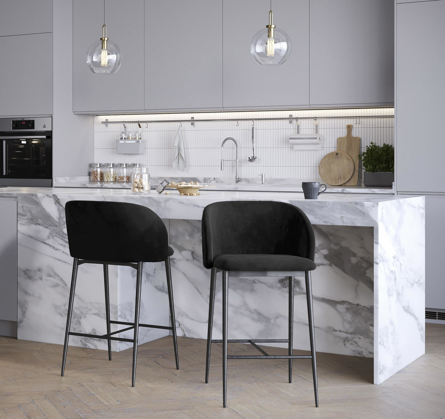 Fran 26" Contemporary Fixed-Height Counter Stool in Black Metal and Black Velvet By LumiSource - Set of 2 | Counter Stools | Modishstore