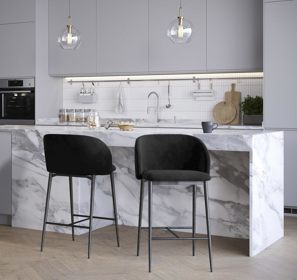 Fran 26" Contemporary Fixed-Height Counter Stool in Black Metal and Black Velvet By LumiSource - Set of 2 | Counter Stools | Modishstore