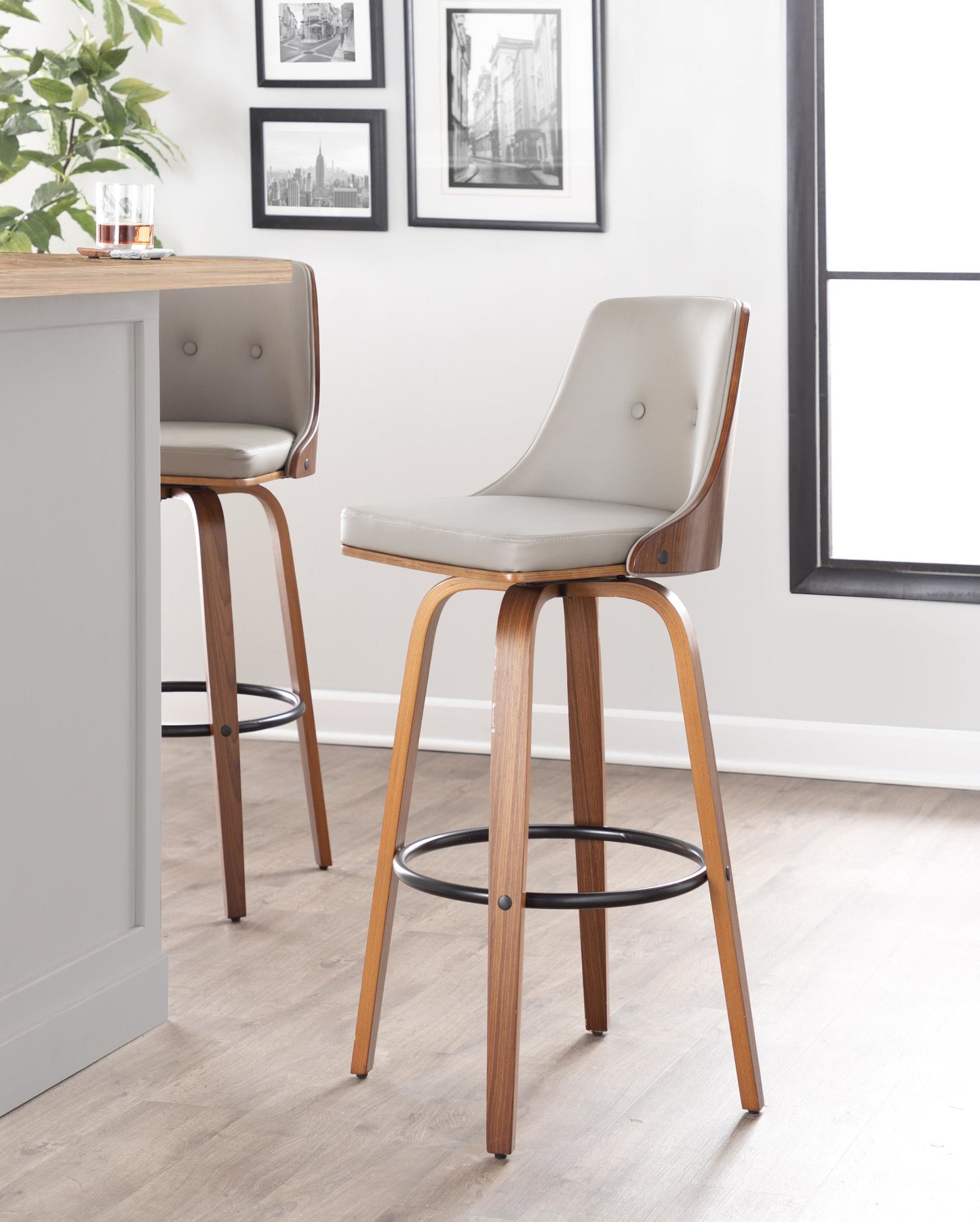 Gianna Mid-Century Modern Fixed-Height Barstool with Swivel in Walnut Wood and Light Grey Faux Leather with Round Black Metal Footrest By LumiSource - Set of 2 | Bar Stools | Modishstore - 4