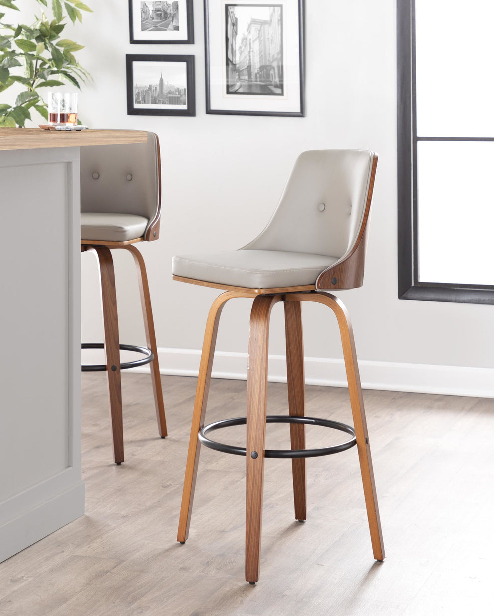 Gianna Mid-Century Modern Fixed-Height Barstool with Swivel in Walnut Wood and Light Grey Faux Leather with Round Black Metal Footrest By LumiSource - Set of 2 | Bar Stools | Modishstore - 4