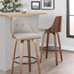 Gianna Mid-Century Modern Fixed-Height Barstool with Swivel in Walnut Wood and Light Grey Faux Leather with Round Black Metal Footrest By LumiSource - Set of 2 | Bar Stools | Modishstore
