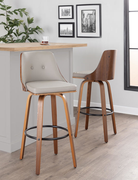 Gianna Mid-Century Modern Fixed-Height Barstool with Swivel in Walnut Wood and Light Grey Faux Leather with Round Black Metal Footrest By LumiSource - Set of 2 | Bar Stools | Modishstore