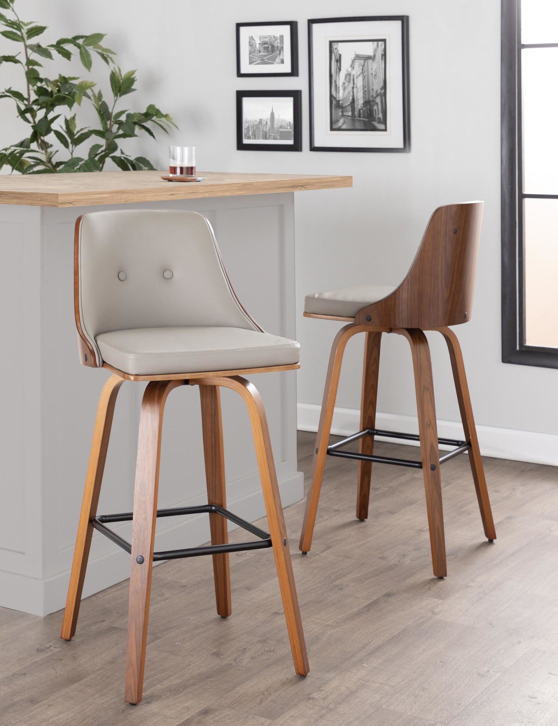 Gianna Mid-Century Modern Fixed-Height Barstool with Swivel in Walnut Wood and Light Grey Faux Leather with Square Black Metal Footrest By LumiSource - Set of 2 | Bar Stools | Modishstore