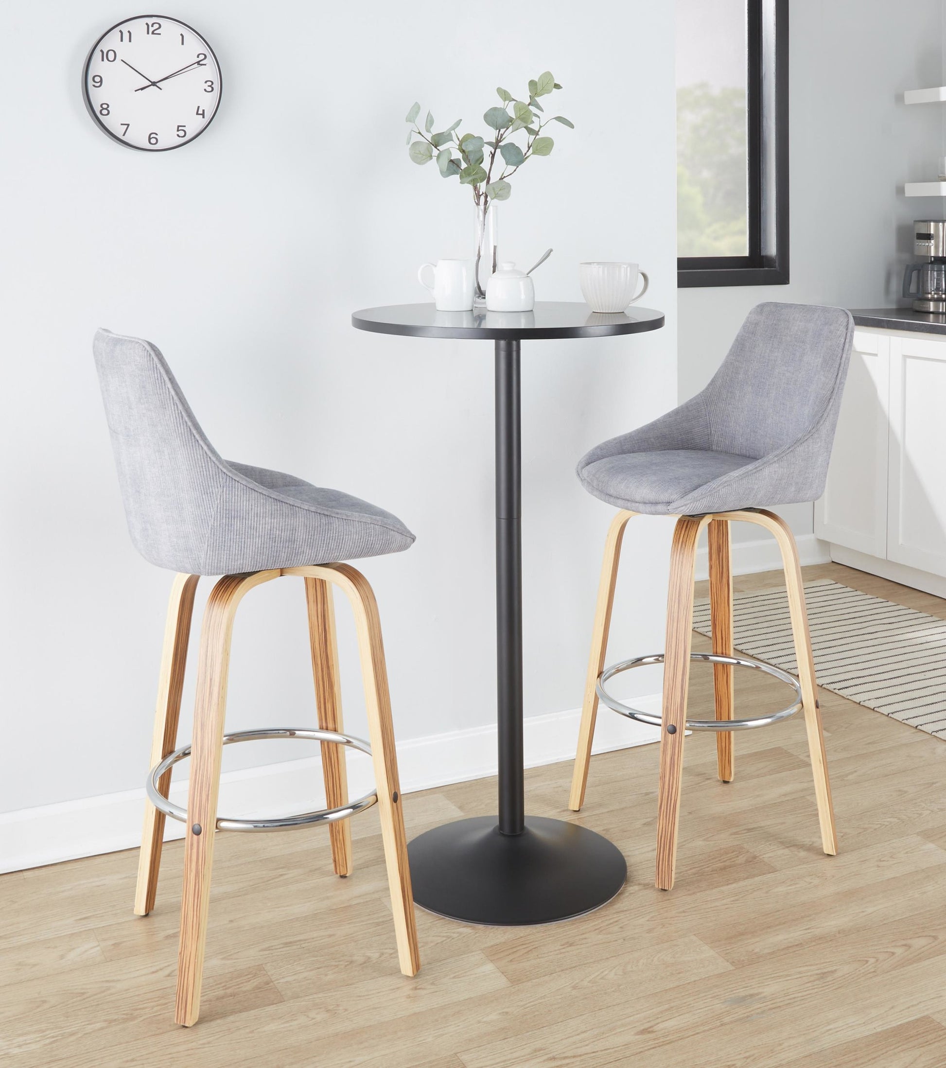 Diana 30" Contemporary Fixed-Height Barstool with Swivel in Zebra Wood and Blue Corduroy Fabric with Round Chrome Footrest By LumiSource - Set of 2 | Bar Stools | Modishstore - 12