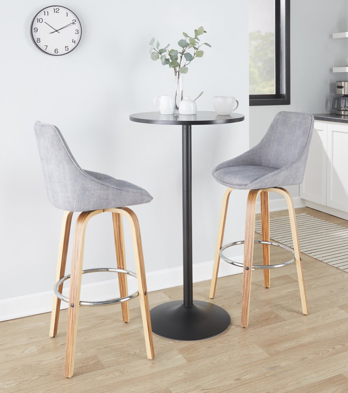 Diana 30" Contemporary Fixed-Height Barstool with Swivel in Zebra Wood and Blue Corduroy Fabric with Round Chrome Footrest By LumiSource - Set of 2 | Bar Stools | Modishstore - 12