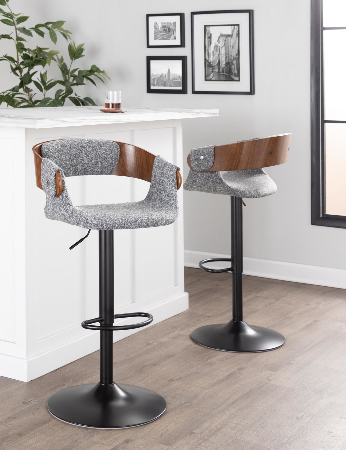 Elisa Mid-Century Modern Adjustable Barstool with Swivel in Black Metal, Walnut Wood and Cream Fabric with Oval Footrest By LumiSource - Set of 2 | Bar Stools | Modishstore - 13