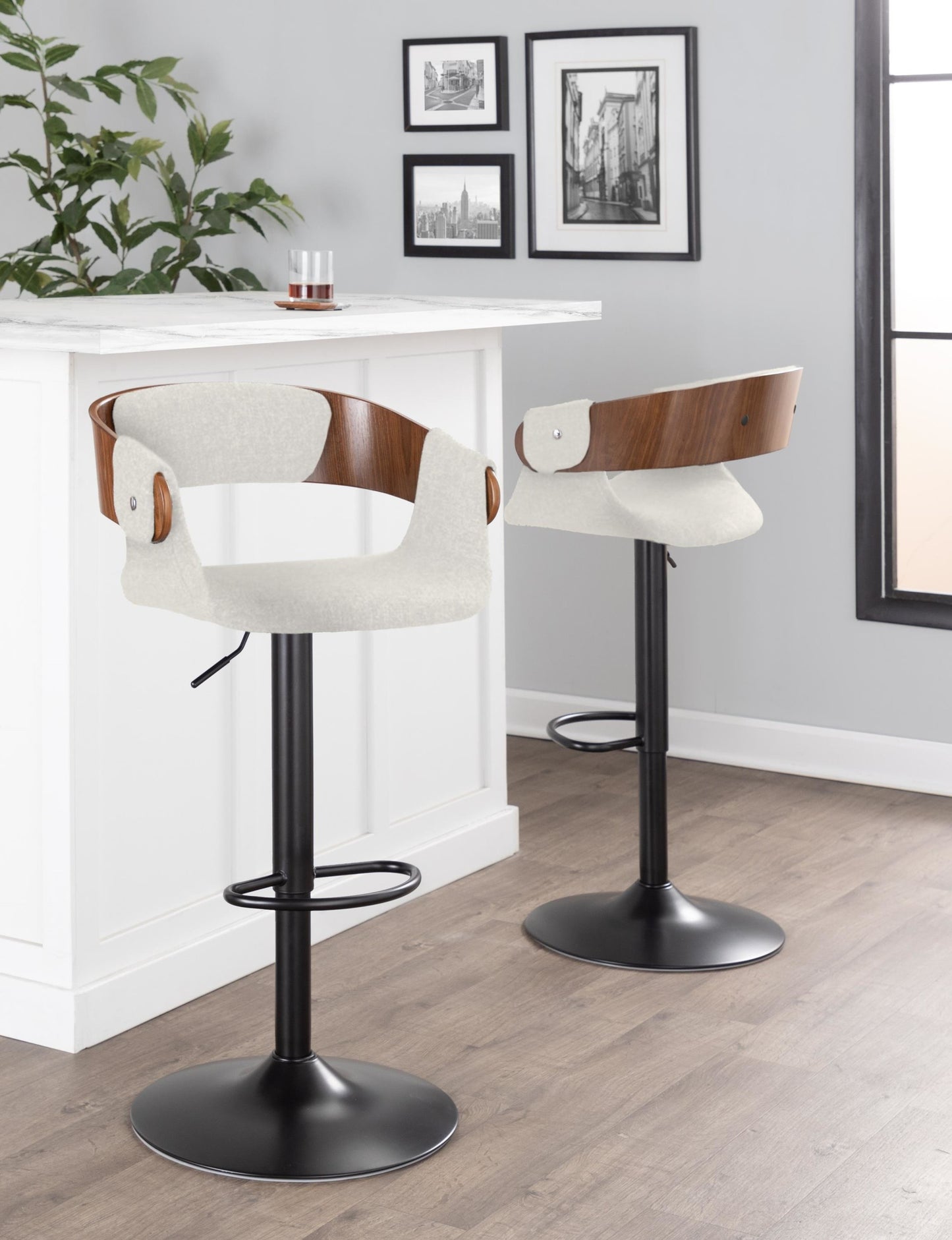 Elisa Mid-Century Modern Adjustable Barstool with Swivel in Black Metal, Walnut Wood and Cream Fabric with Oval Footrest By LumiSource - Set of 2 | Bar Stools | Modishstore - 5