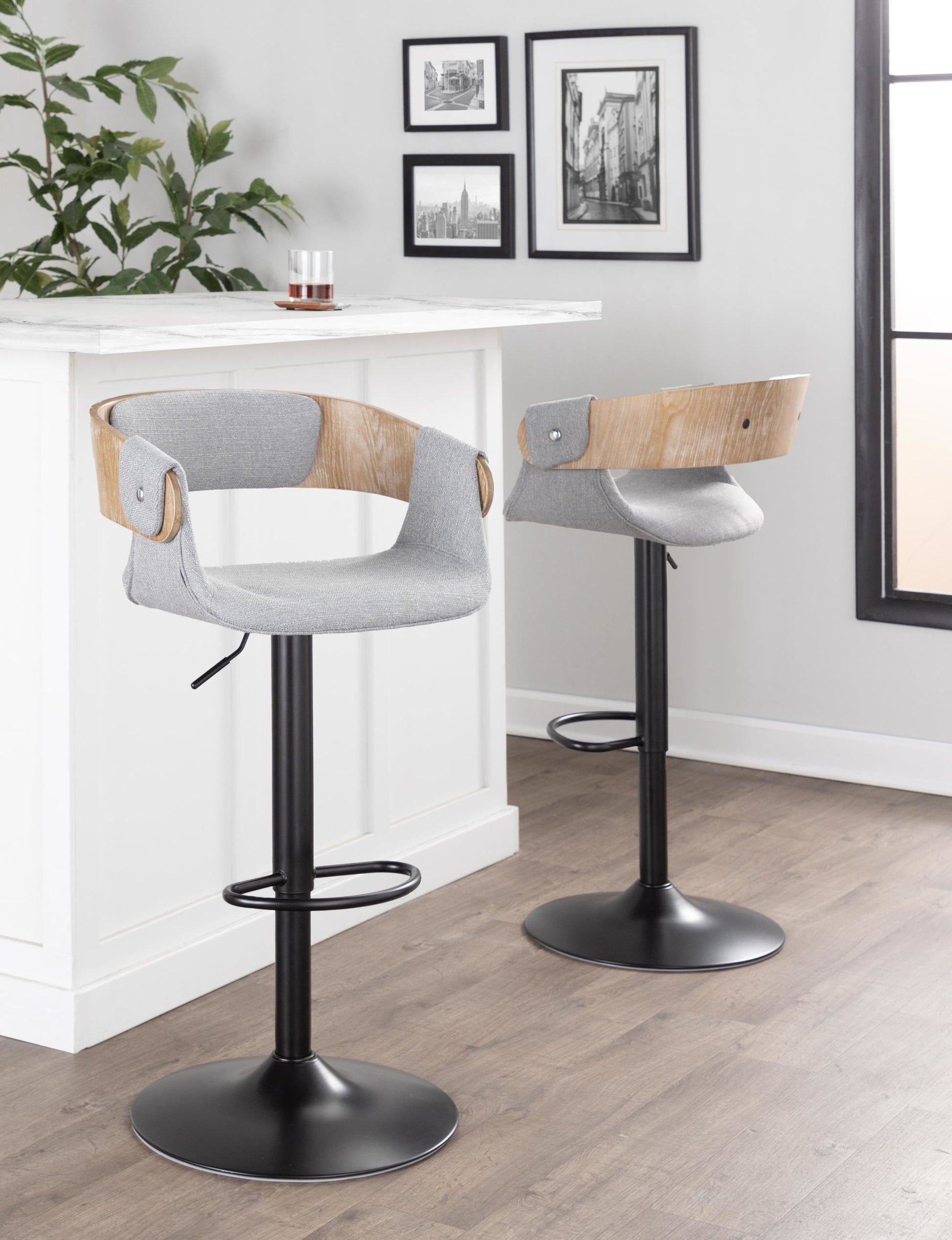 Elisa Mid-Century Modern Adjustable Barstool with Swivel in Black Metal, Walnut Wood and Cream Fabric with Oval Footrest By LumiSource - Set of 2 | Bar Stools | Modishstore - 22
