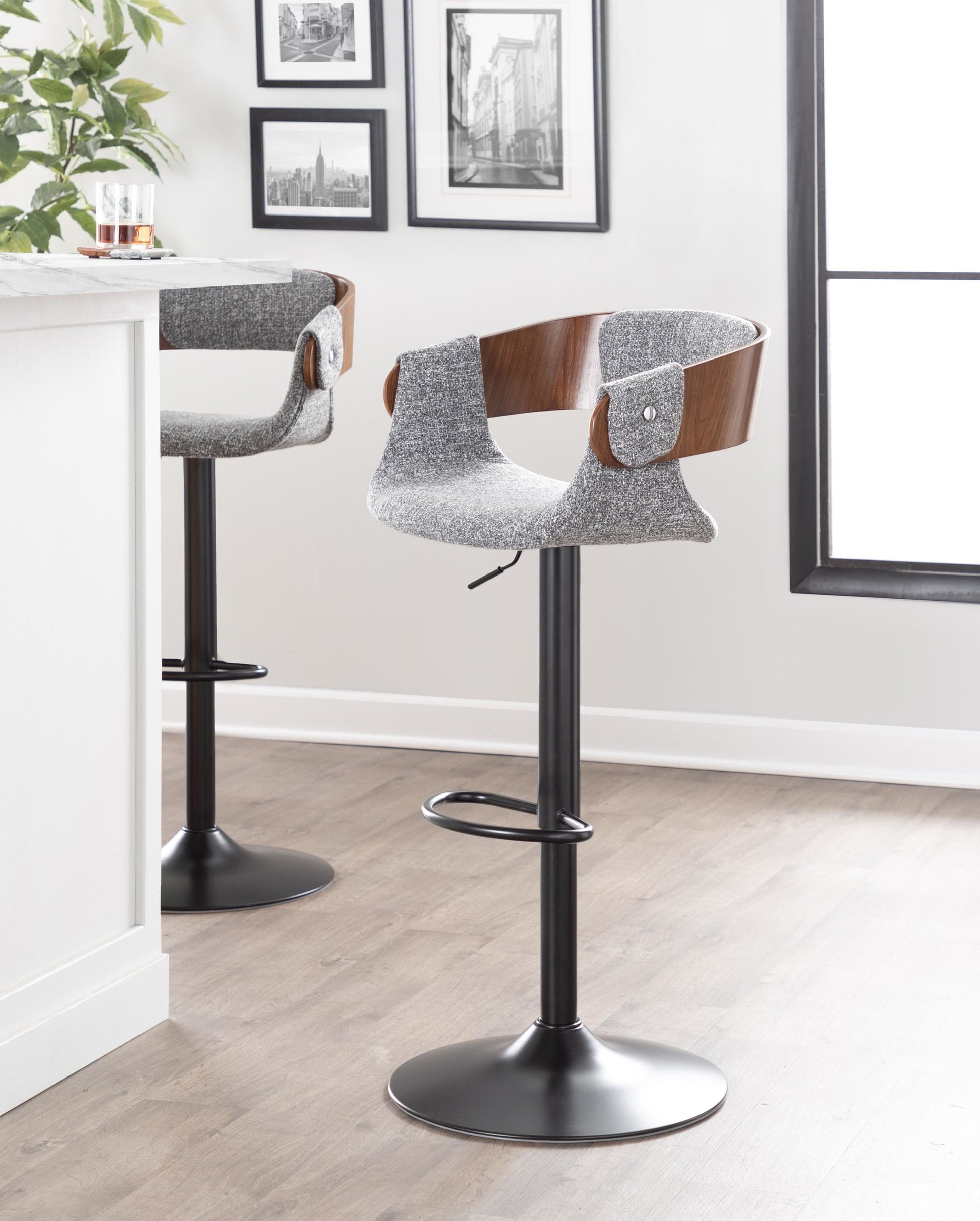 Elisa Mid-Century Modern Adjustable Barstool with Swivel in Black Metal, Walnut Wood and Cream Fabric with Oval Footrest By LumiSource - Set of 2 | Bar Stools | Modishstore - 14
