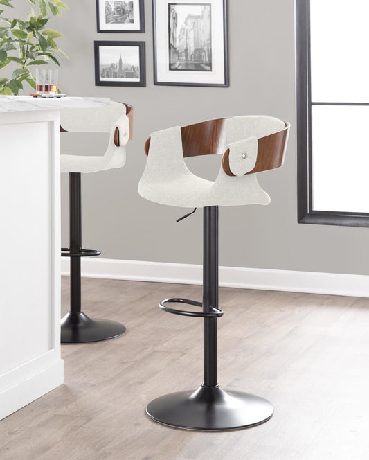 Elisa Mid-Century Modern Adjustable Barstool with Swivel in Black Metal, Walnut Wood and Cream Fabric with Oval Footrest By LumiSource - Set of 2 | Bar Stools | Modishstore