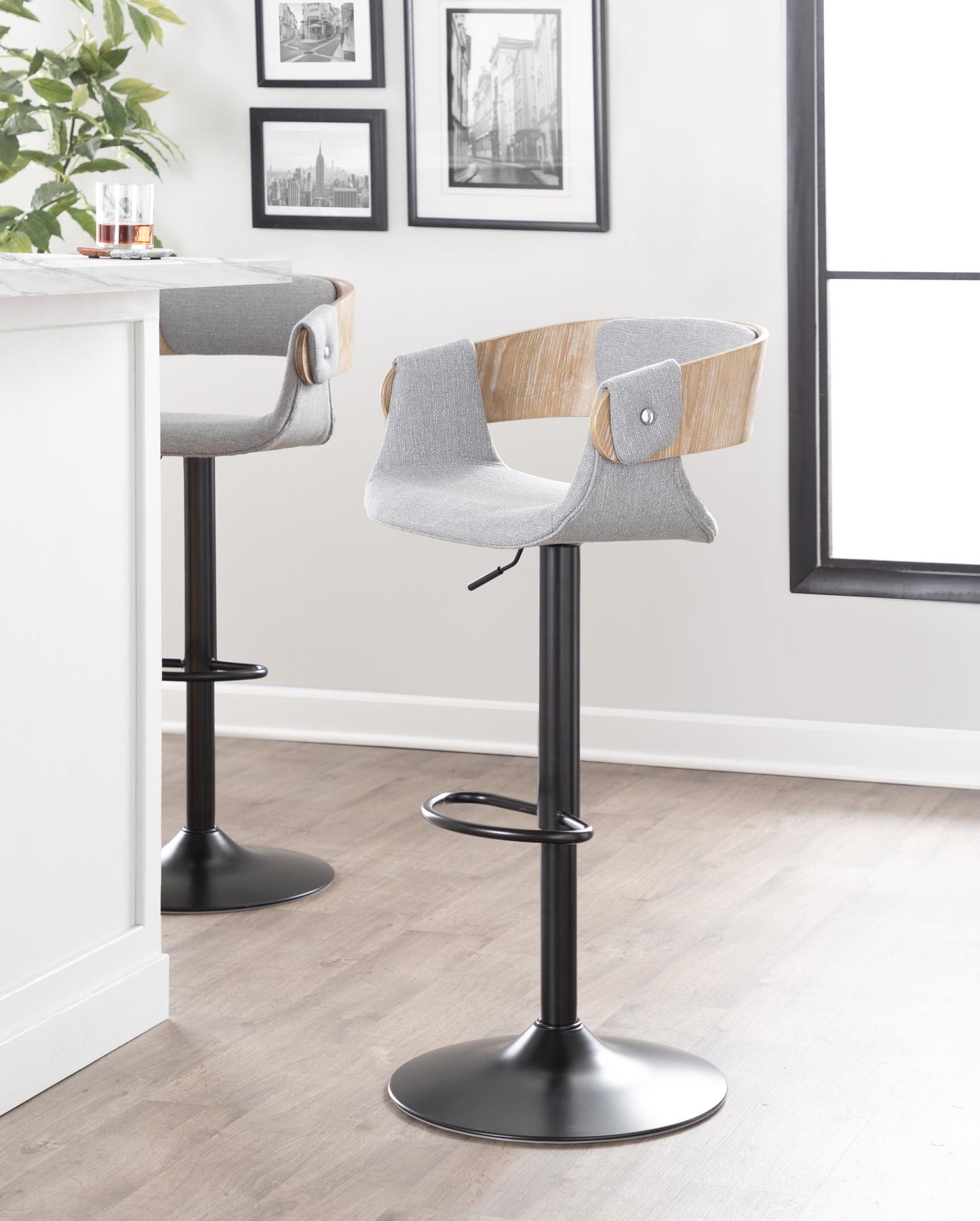 Elisa Mid-Century Modern Adjustable Barstool with Swivel in Black Metal, Walnut Wood and Cream Fabric with Oval Footrest By LumiSource - Set of 2 | Bar Stools | Modishstore - 23