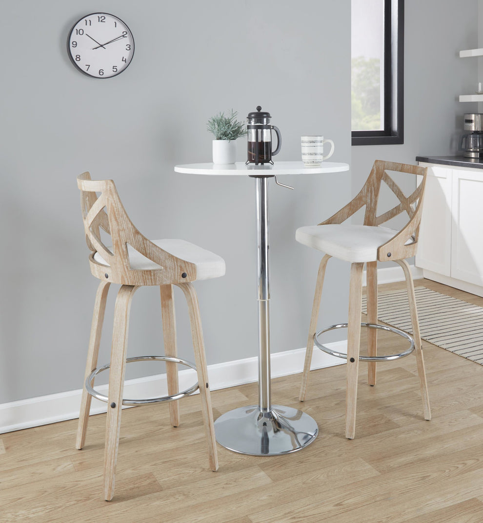 Charlotte 30" Farmhouse Fixed-Height Barstool with Swivel in White Washed Wood, Blue Fabric and Round Chrome Metal Footrest By LumiSource - Set of 2 | Bar Stools | Modishstore - 14