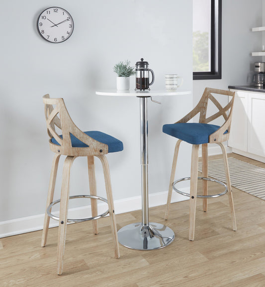 Charlotte 30" Farmhouse Fixed-Height Barstool with Swivel in White Washed Wood, Blue Fabric and Round Chrome Metal Footrest By LumiSource - Set of 2 | Bar Stools | Modishstore