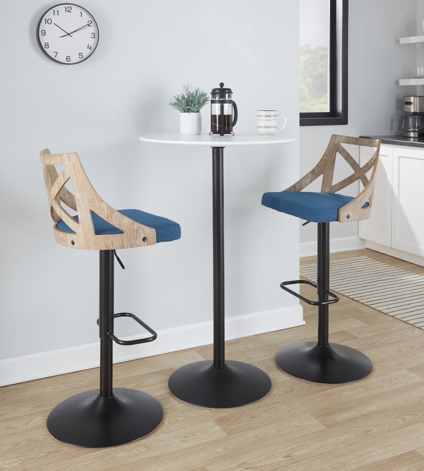 Charlotte Farmhouse Adjustable Height Barstool with Swivel in Black Metal, White Washed Wood, Blue Fabric and Rounded Rectangle Footrest By LumiSource - Set of 2 | Bar Stools | Modishstore - 5