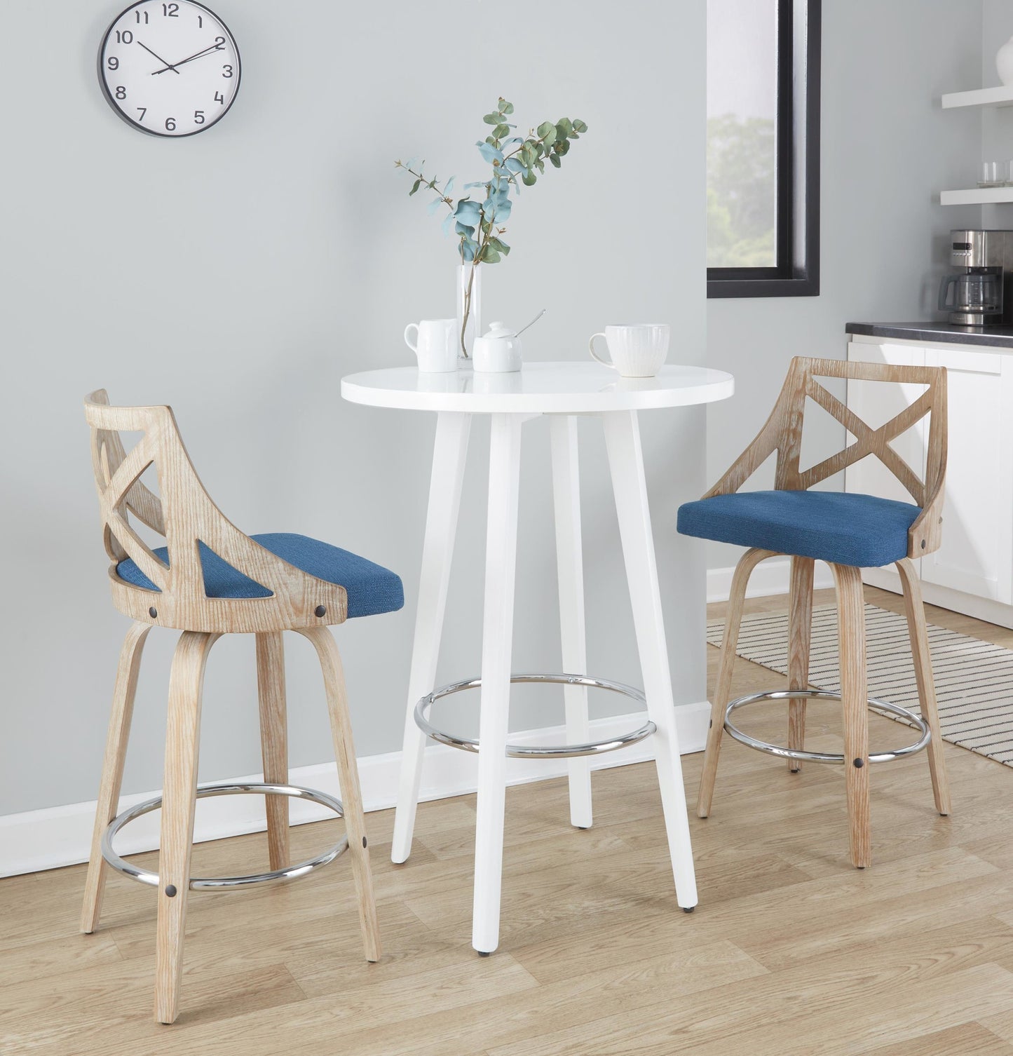 Charlotte 26" Farmhouse Fixed-Height Counter Stool with Swivel in White Washed Wood, Blue Fabric and Round Chrome Metal Footrest By LumiSource - Set of 2 | Counter Stools | Modishstore - 6
