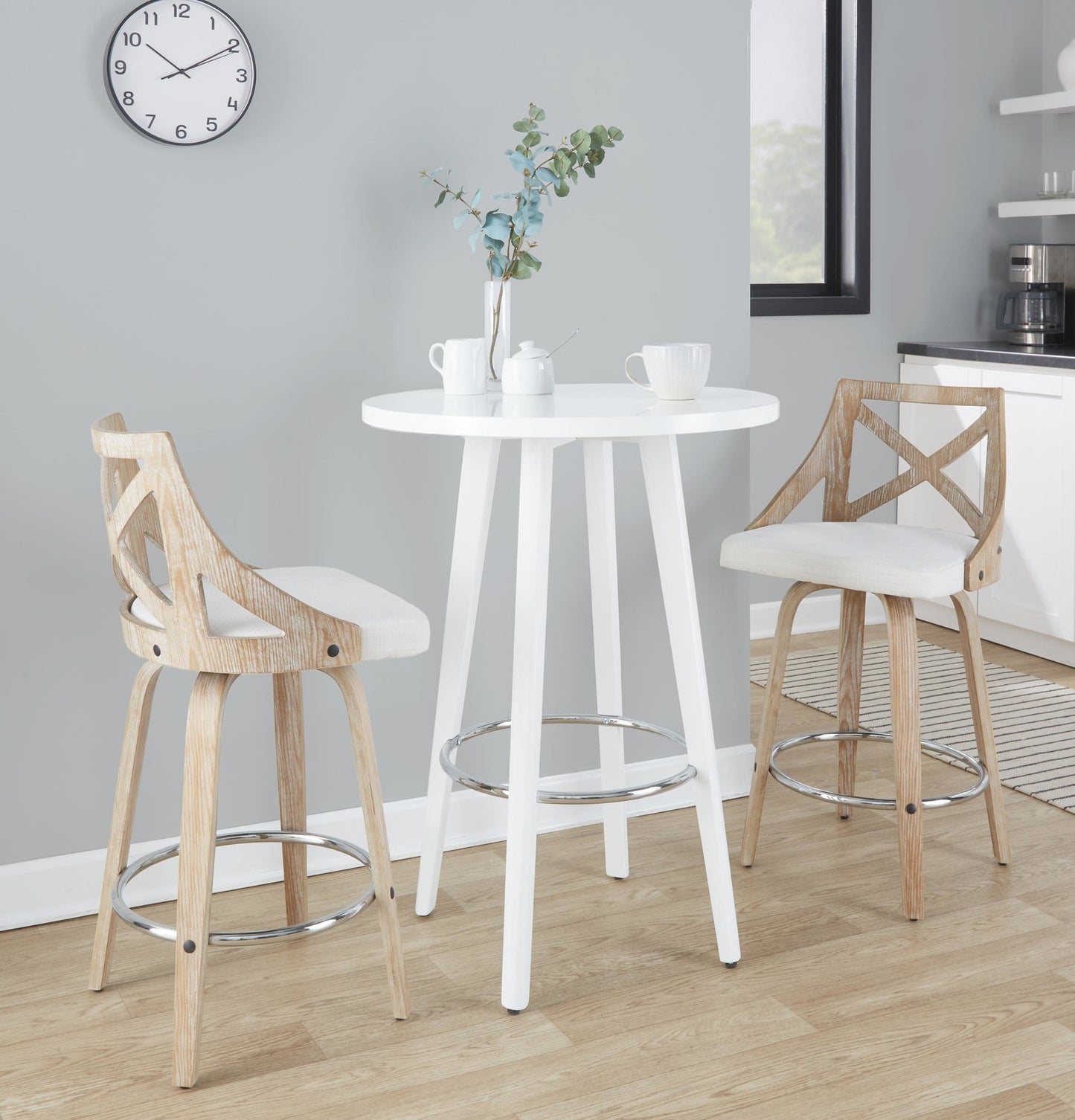 Charlotte 26" Farmhouse Fixed-Height Counter Stool with Swivel in White Washed Wood, Blue Fabric and Round Chrome Metal Footrest By LumiSource - Set of 2 | Counter Stools | Modishstore - 16