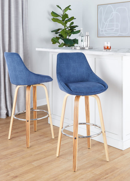 Diana 30" Contemporary Fixed-Height Barstool with Swivel in Zebra Wood and Blue Corduroy Fabric with Round Chrome Footrest By LumiSource - Set of 2 | Bar Stools | Modishstore