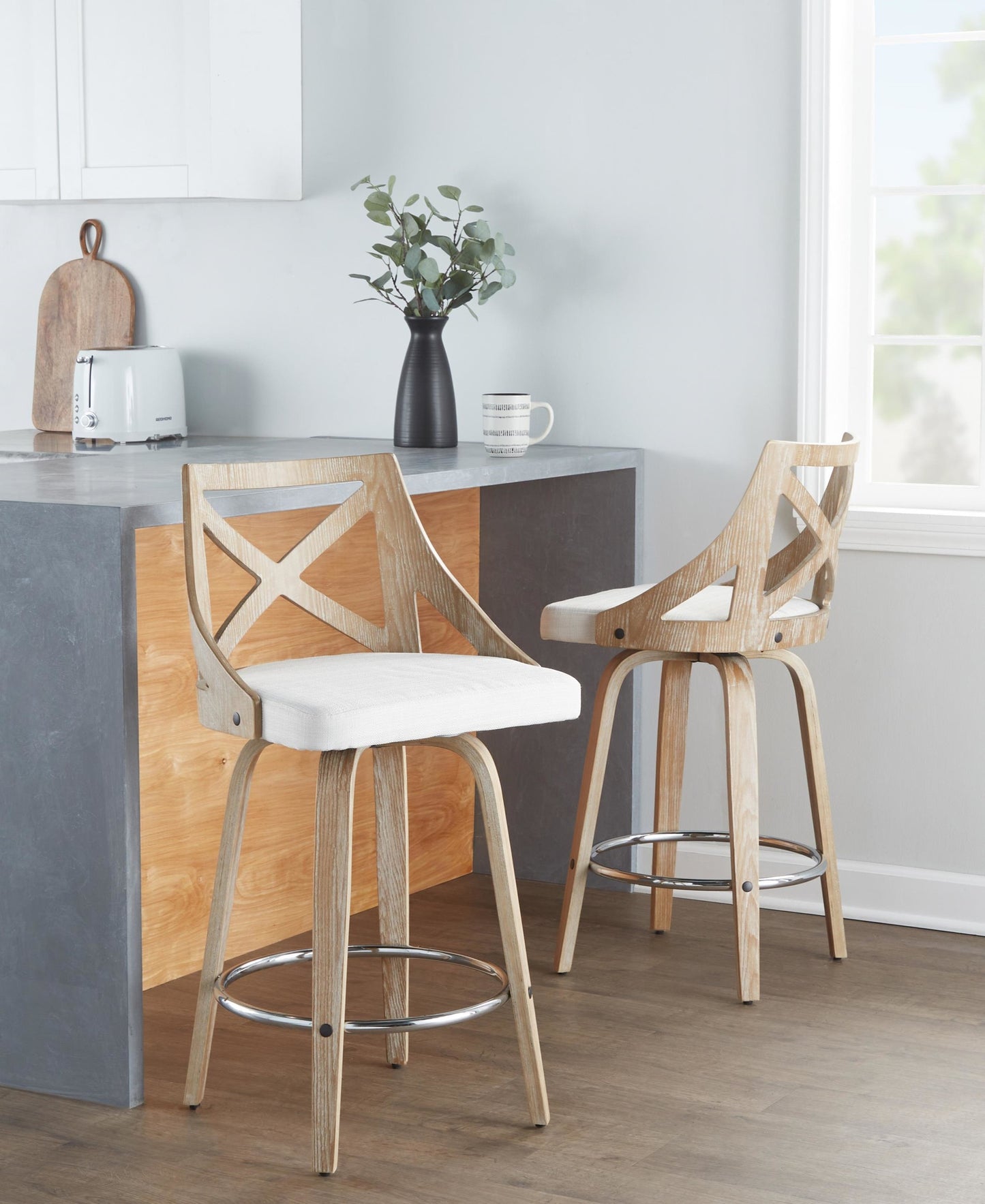 Charlotte 26" Farmhouse Fixed-Height Counter Stool with Swivel in White Washed Wood, Blue Fabric and Round Chrome Metal Footrest By LumiSource - Set of 2 | Counter Stools | Modishstore - 15