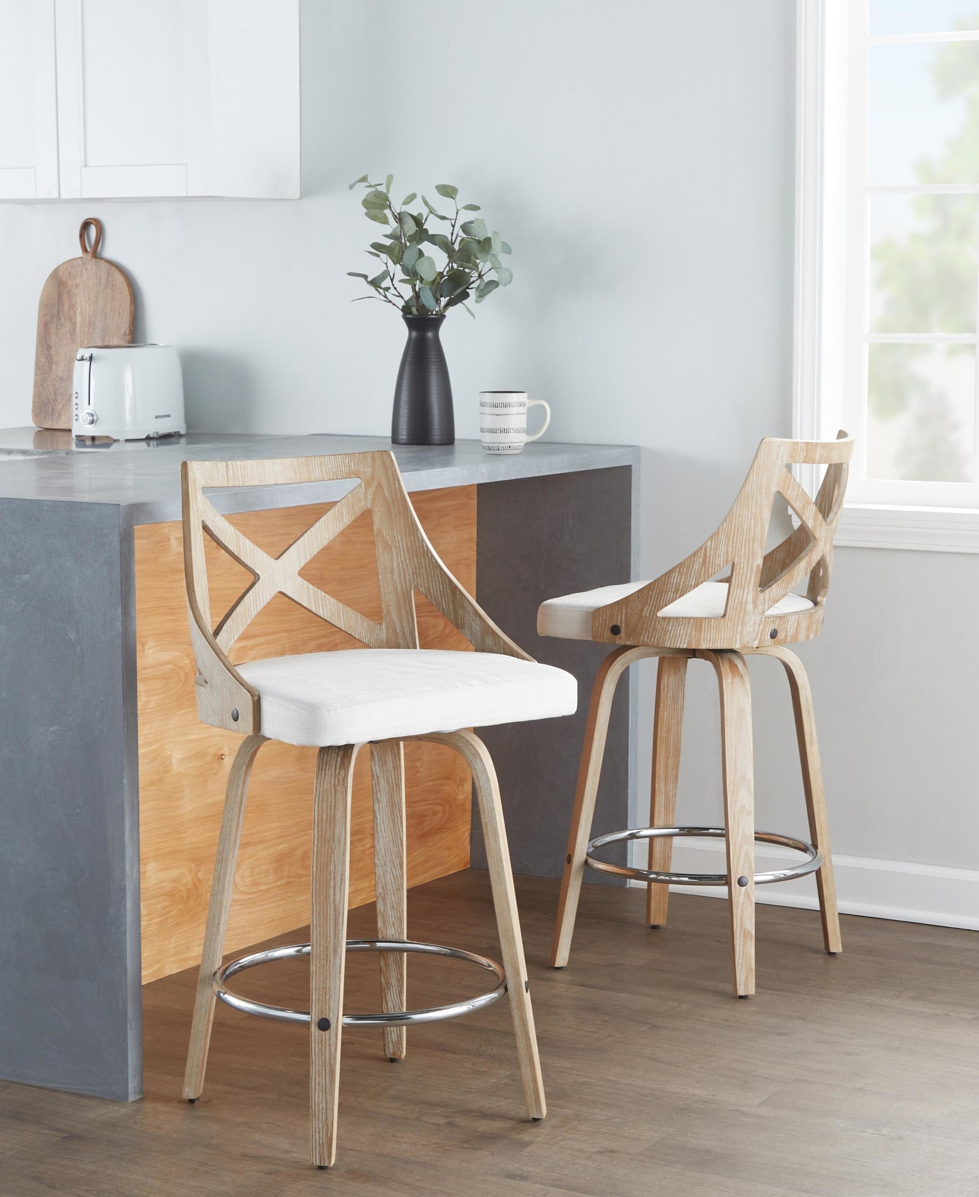 Charlotte 26" Farmhouse Fixed-Height Counter Stool with Swivel in White Washed Wood, Blue Fabric and Round Chrome Metal Footrest By LumiSource - Set of 2 | Counter Stools | Modishstore - 15