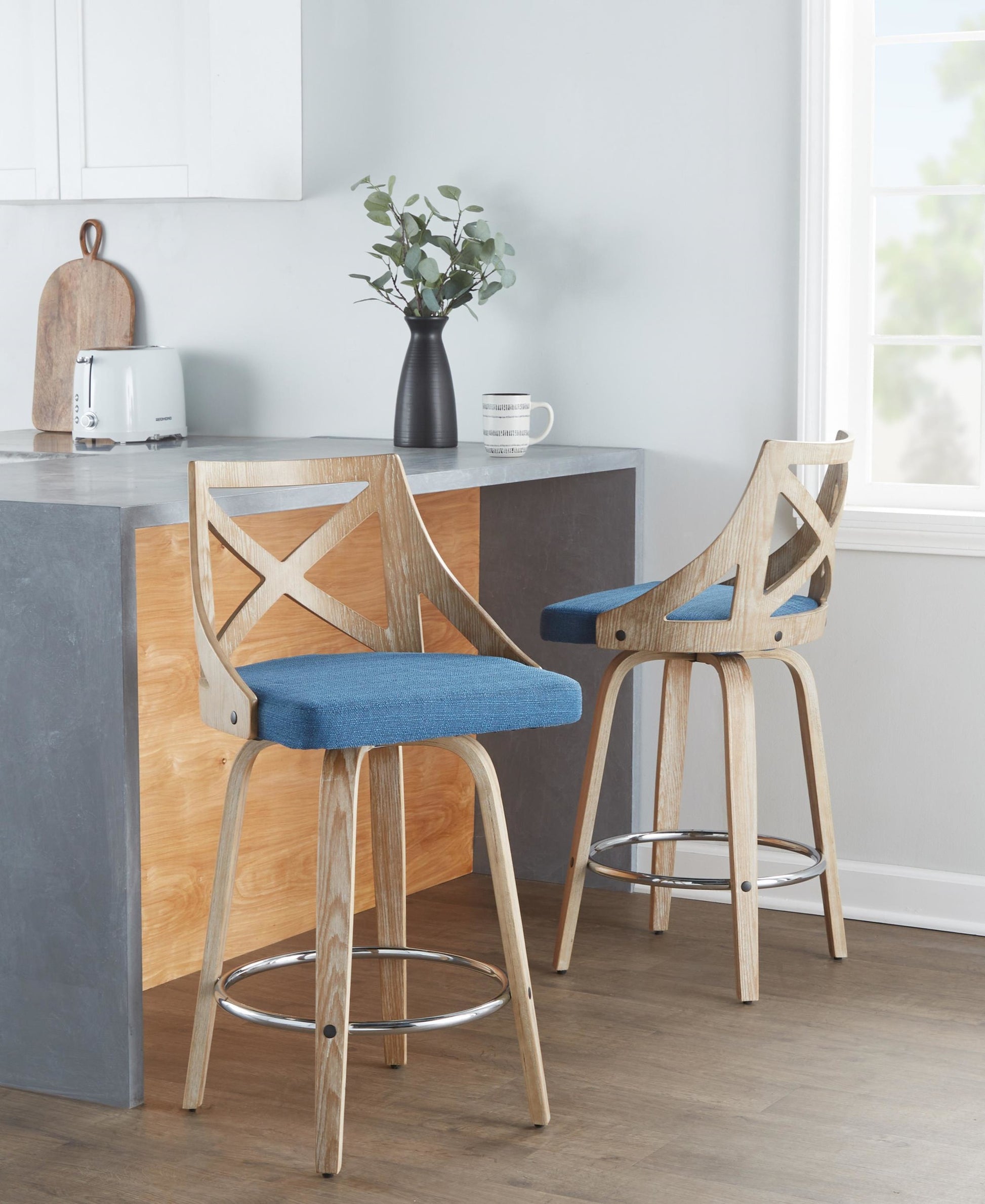 Charlotte 26" Farmhouse Fixed-Height Counter Stool with Swivel in White Washed Wood, Blue Fabric and Round Chrome Metal Footrest By LumiSource - Set of 2 | Counter Stools | Modishstore