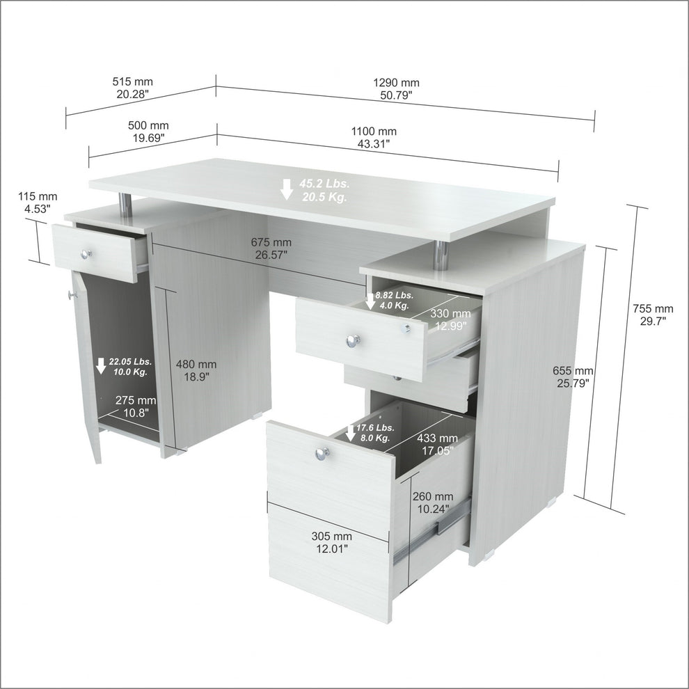 White Finish Wood Computer Desk with Four Drawers By Homeroots | Desks | Modishstore - 2