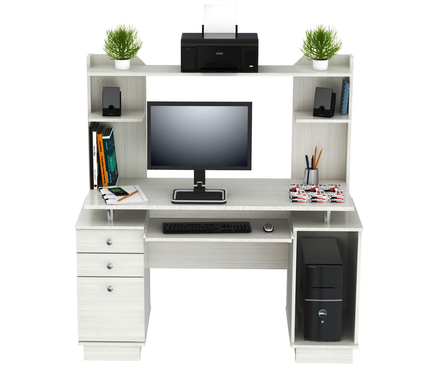White Finish Wood Computer Desk with Hutch By Homeroots | Desks | Modishstore - 2