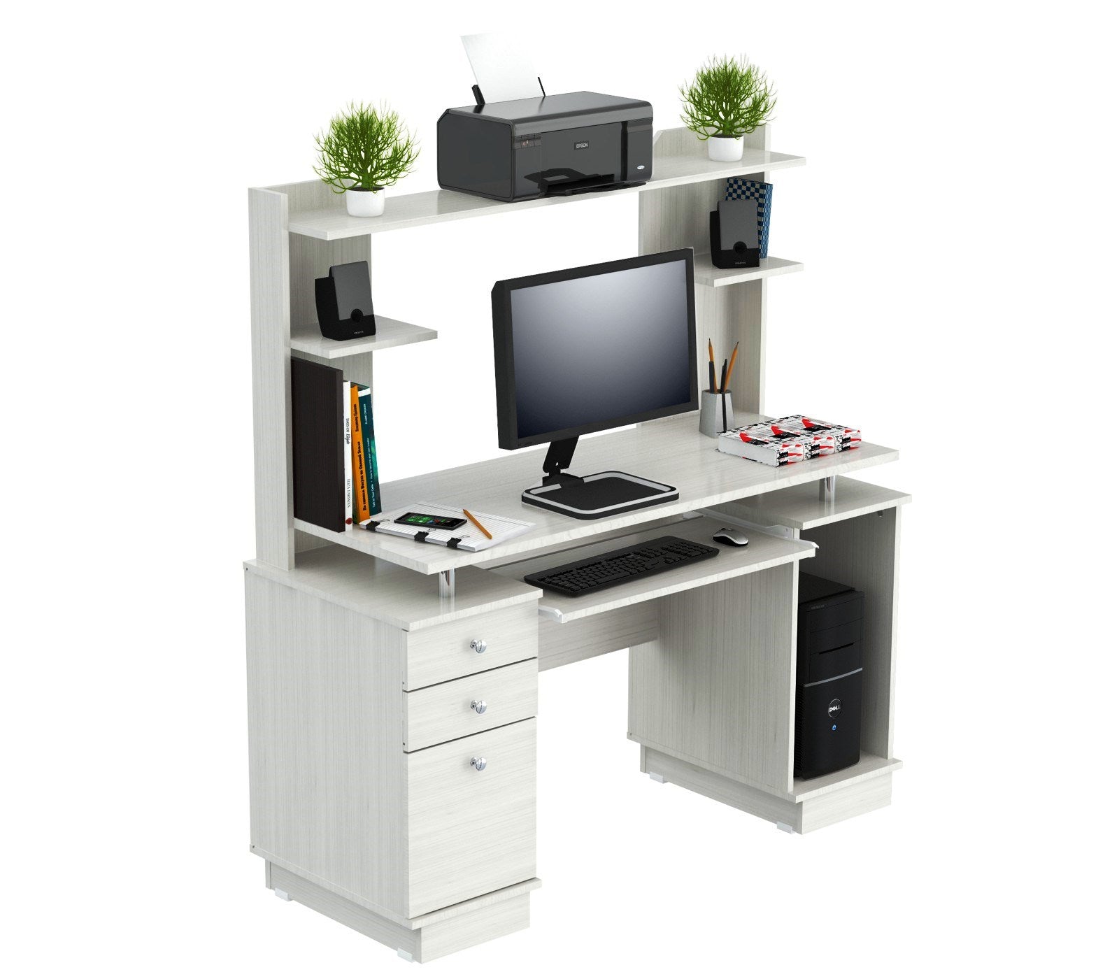 White Finish Wood Computer Desk with Hutch By Homeroots | Desks | Modishstore - 2